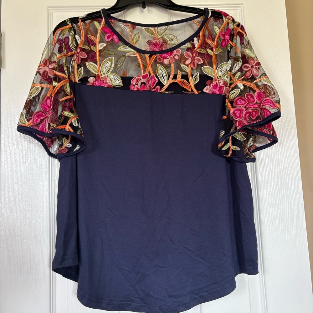 SHEIN Floral Embroidered Navy Top